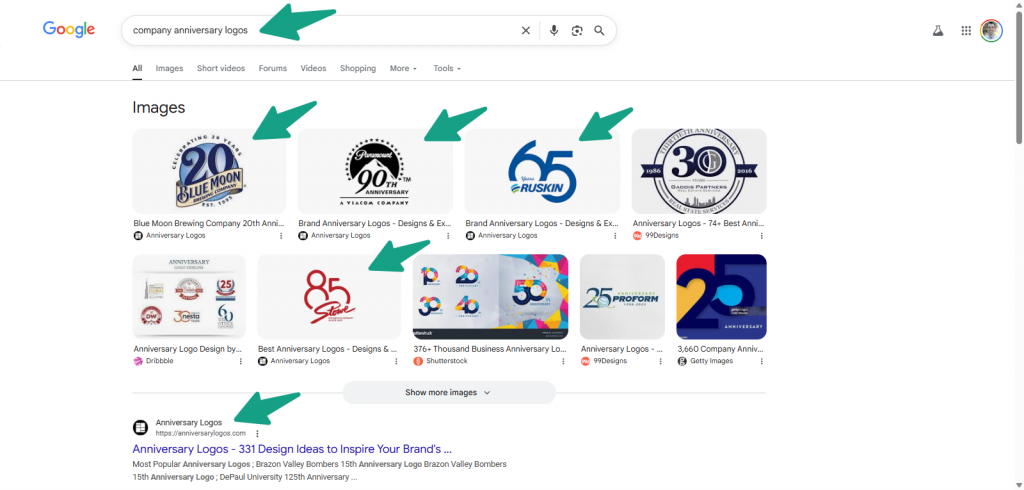 screenshot of google results